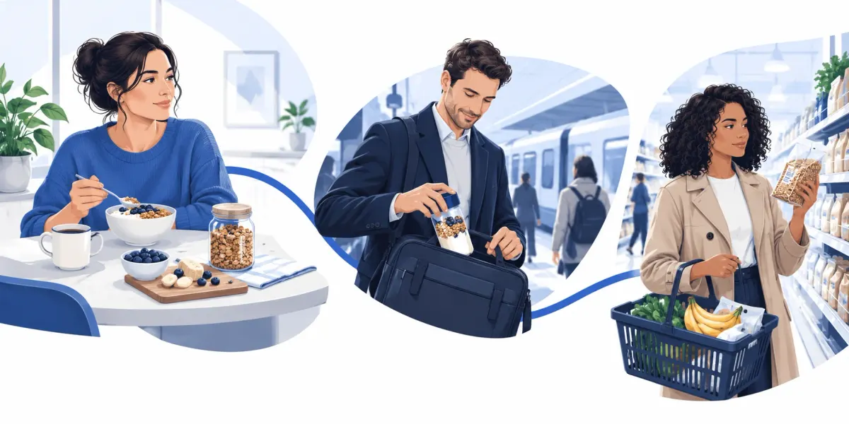 Illustration of possible everyday moments with a breakfast product at home, on the move and during a later shopping trip.