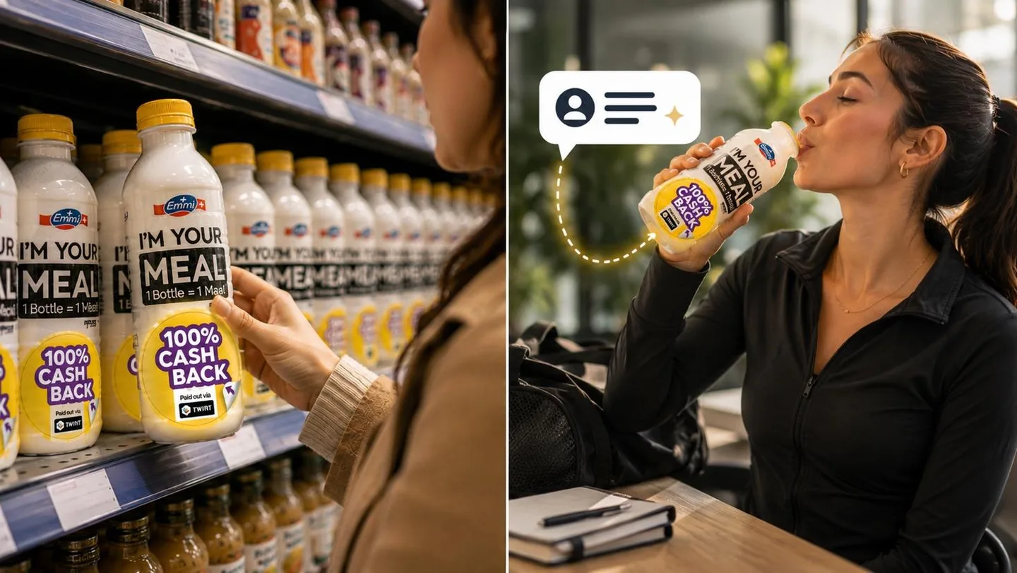 Emmi „I'm your meal" Flaschen im Regal mit 100 % Cashback-Sticker, eine Frau trinkt das Produkt