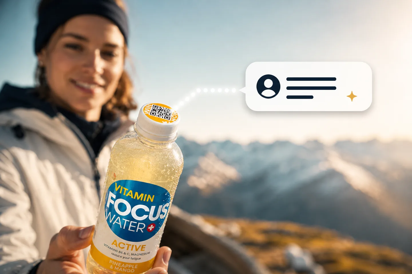 Un randonneur tenant une bouteille FOCUSWATER Active avec un QR code sur le bouchon, en montagne