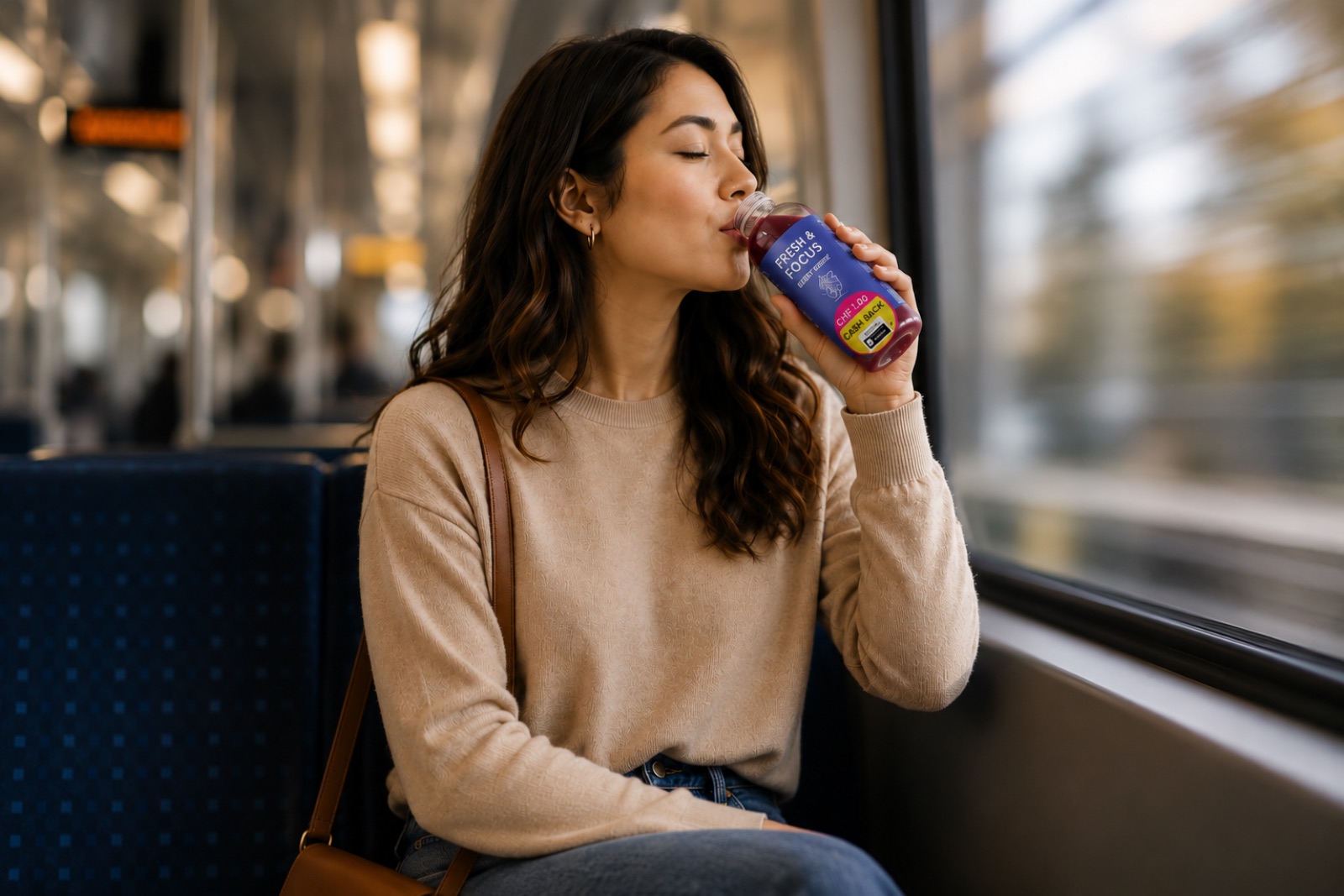Cliente buvant Fresh&Focus dans le train
