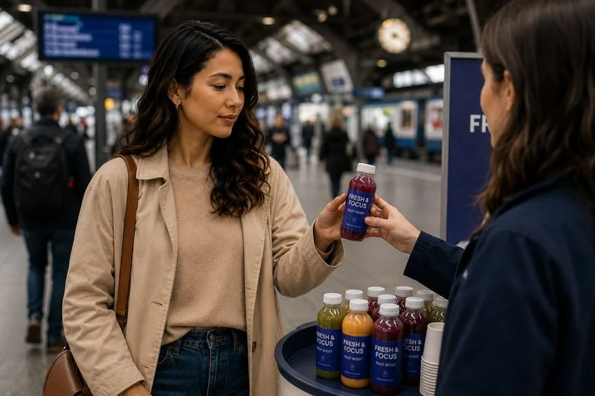 Une consommatrice reçoit une bouteille gratuite à un stand de sampling à la gare