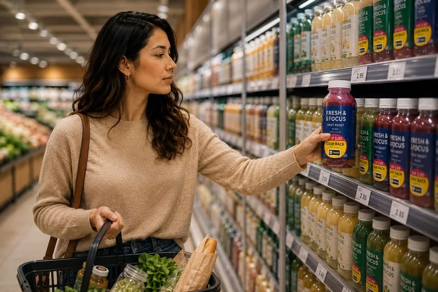 Une consommatrice attrape la bouteille avec le sticker de cashback de CHF 2.00 au supermarché