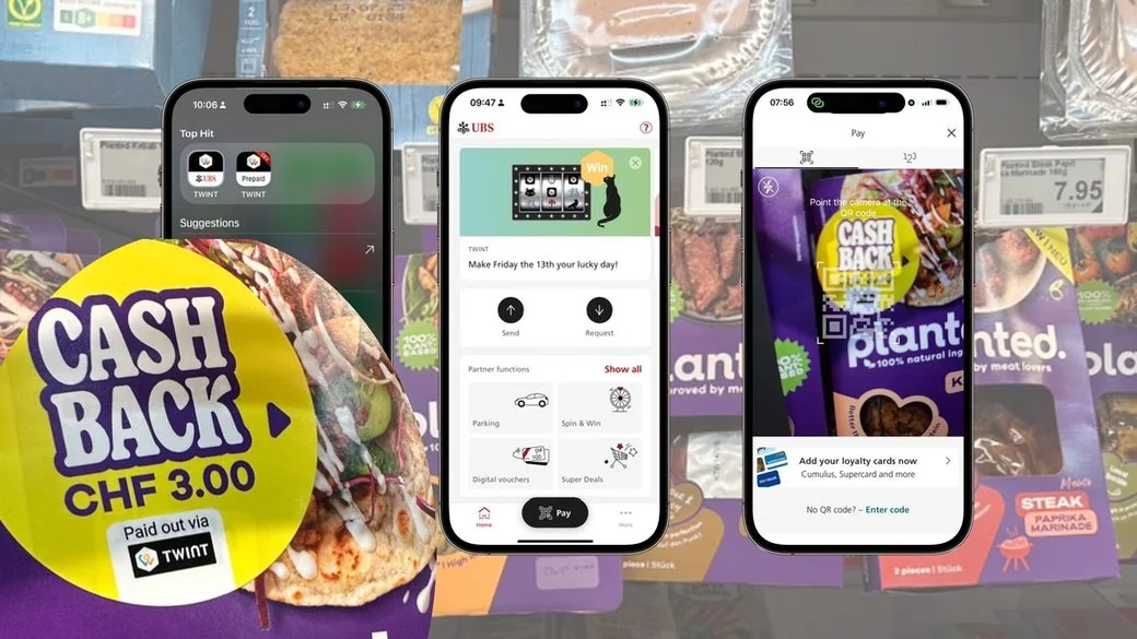 Sticker de cashback CHF 3.00 au rayon, scan QR avec l’app TWINT