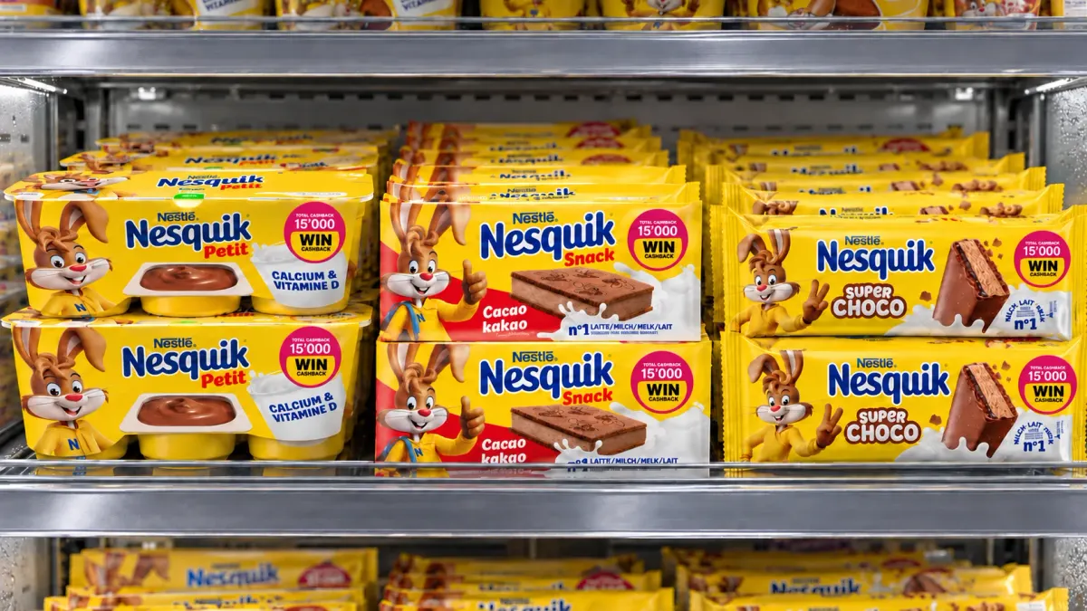 KI-generierte Illustration eines Nesquik-Kühlregals: Petit, Snack und Super Choco nebeneinander, mit Win-Cashback-Stickern auf mehreren Packungen