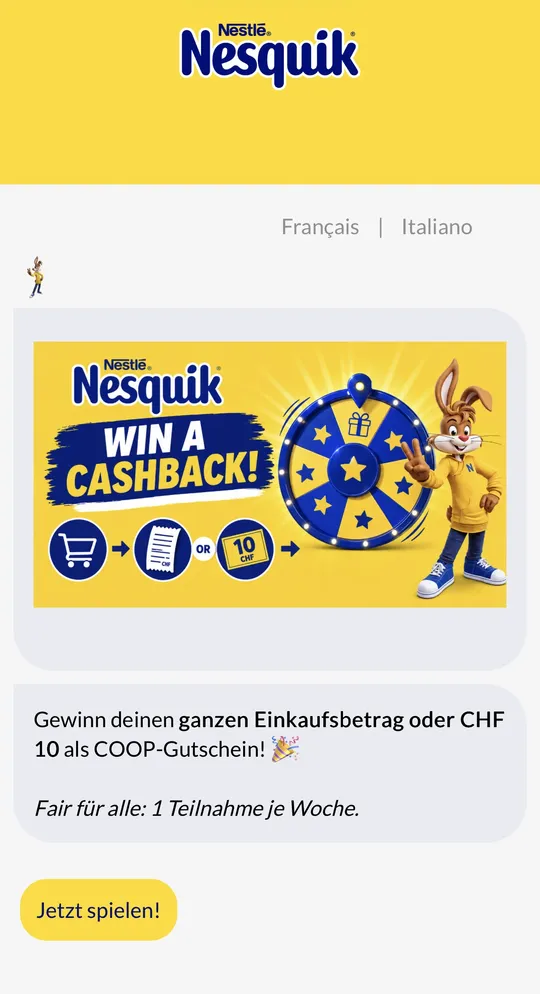 Nesquik Startscreen mit Kampagnenmotiv und Jetzt-spielen-Button